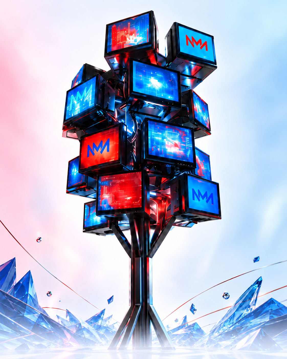 Official Alpha Arena screen installation surrounded by ice-blue crystals